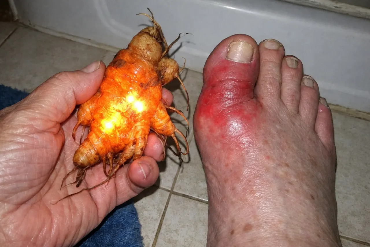 A simple root used in the homemade recipe, next to an inflamed foot