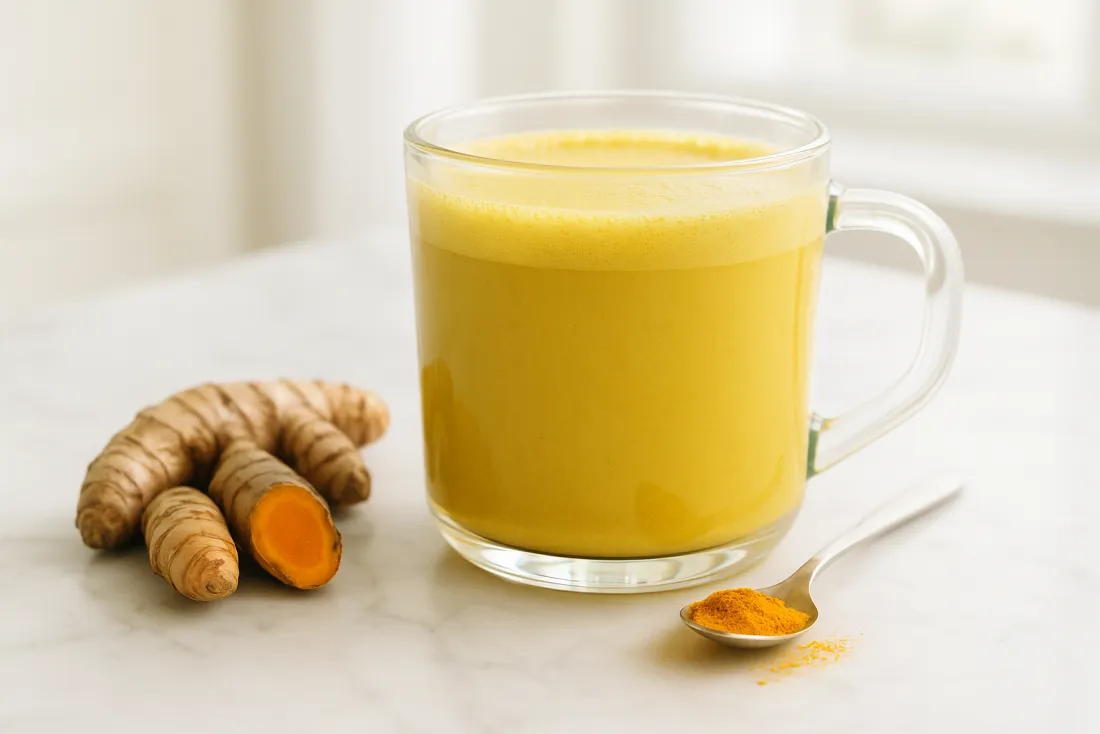 A warm golden turmeric drink on the kitchen counter